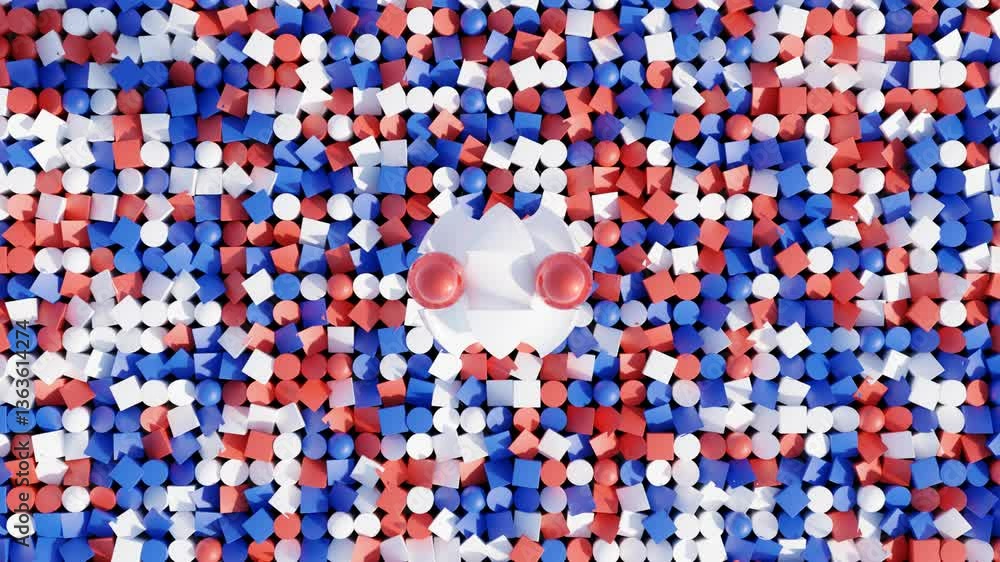 Poster abstract 3d animation, smooth motion of red blue and white spheres on minimal background, seamless l