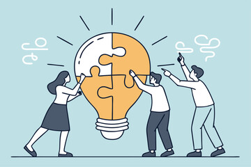 Idea brainstorming, cooperation or collaboration to get solution, teamwork or team meeting to develop idea together, employee participation concept, business people connect lightbulb jigsaw puzzle.