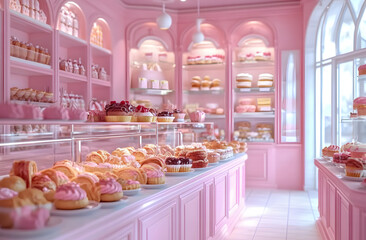 Pink fantasy bakery interior. Shop selling sweets, delicious assorted pastry, candy, dessert. Market with tasty traditional confectionery, fresh cream, airy croissants, buns. Decorated cafe in