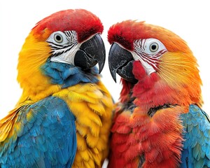 Two vibrant macaws facing each other against a white background, showcasing their colorful feathers