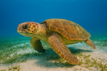 Fototapeta premium Graceful Green Sea Turtle Swimming in Clear Tropical Waters