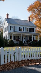 Autumn Home with White Fence