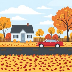 Autumn House & Car on Road