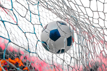 Soccer ball scores a goal on the net in a football match