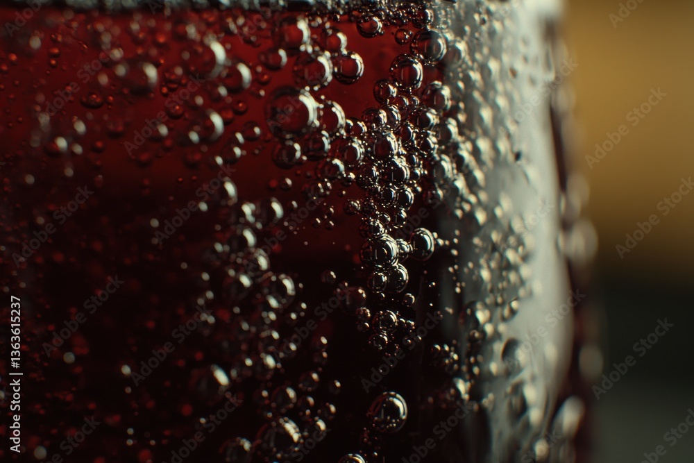 Poster intense macro shot of a fizzy drink in a glass, filled with dark red liquid and numerous bubbles, co