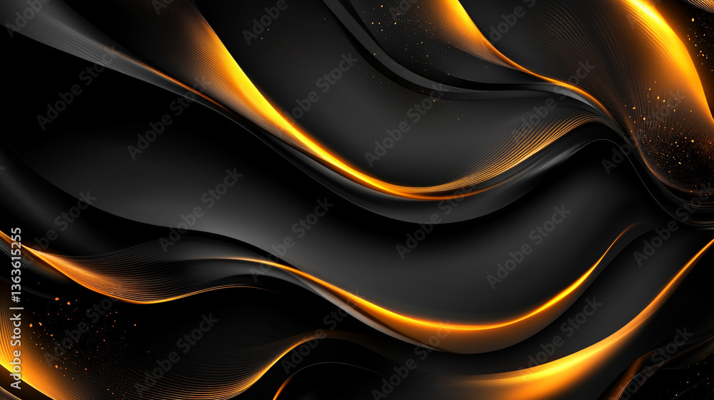 Poster abstract black background with flowing golden lines creating a luxurious and elegant design concept