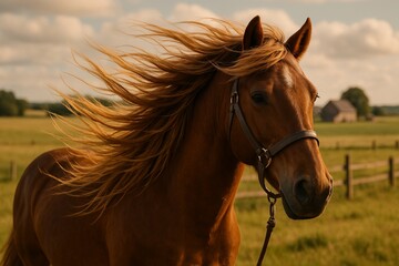 Obraz premium Majestic Chestnut Horse with Flowing Mane in a Serene Pastoral Landscape