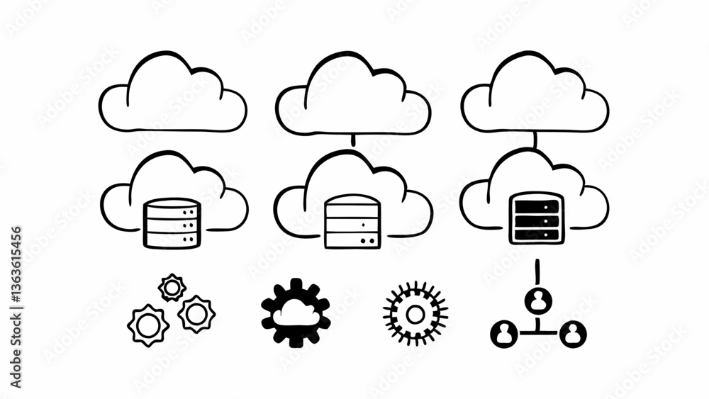 Poster cloud computing network diagram showing data servers and connections in a simple graphic style desig