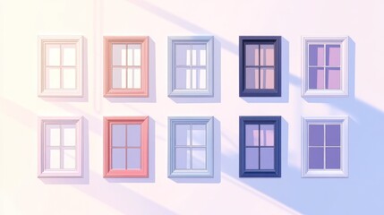 Naklejka premium Colorful window frames on a wall, bright sunlight, interior decor, stock image