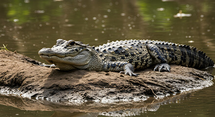 American alligator basking on a muddy mound in its natural habitat wildlife