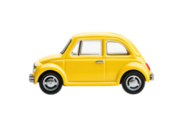 Vintage yellow toy car model with white roof on white background, cut out
