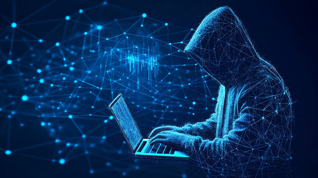 Conceptual digital art depicting cybercrime and network security threats