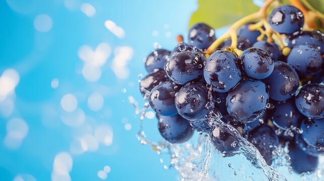 Dark grapes, water droplets, and a green leaf against a blue background