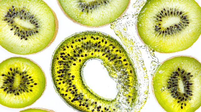 Kiwi slices being splashed with water on a white background, ideal for healthy eating campaigns