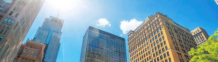 City skyscrapers sunny day, view from below, urban background, real estate