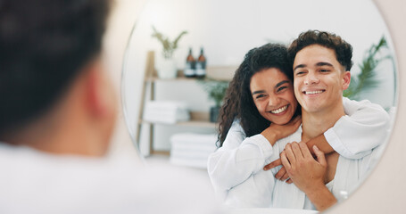 Happy couple, mirror and bathroom with hug for hygiene, skincare or morning routine together at...
