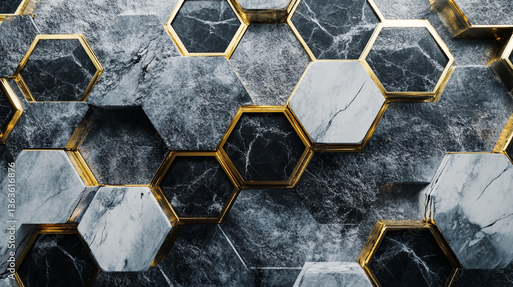 Poster a close up view of grey and white marble hexagons with golden edges creating an abstract pattern