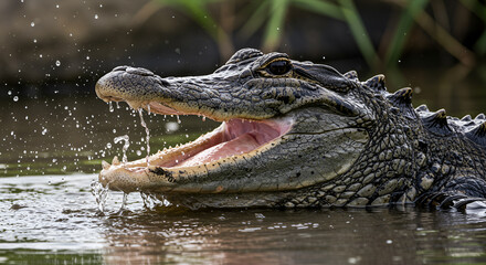 Obraz premium American Alligator Bellowing Loudly With Water Droplets in Natural Habitat Close-Up