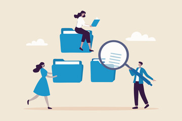 Document, content or research paper, documentation file folder storage, report or paperwork, search or file archive, office contract concept, business people working with paper document file folder.