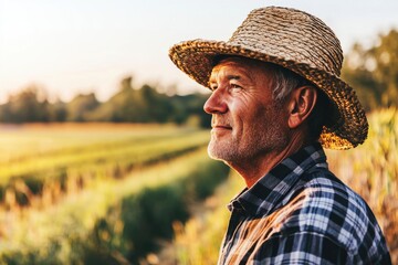 Thoughtful farmer in a straw hat and plaid shirt gazes over his fields at sunset, contemplating the harvest season and reflecting on a life well-lived on the farm.
