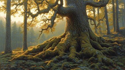 Close-up of an ancient tree trunk with deep, rugged bark, cracks, and moss, bathed in golden light