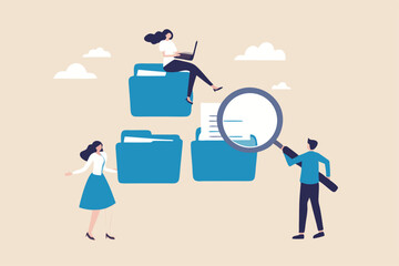 Document, content or research paper, documentation file folder storage, report or paperwork, search or file archive, office contract concept, business people working with paper document file folder.