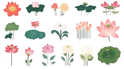 Obraz premium Lotus flower illustrations, various stages, white background, design element