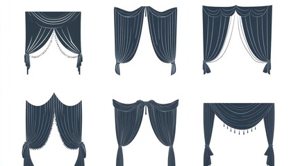 Curtains designs, various drapery styles shown, classic and modern decor elements