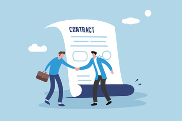 Employment contract agreement, corporate partnership document with signature, new employee signing contract, legal paperwork, recruitment document concept, businessman handshake with contract paper.