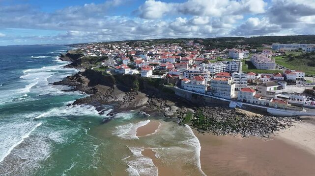 Macas Beach At Sintra District Of Lisbon Portugal. Turquoise Ocean Waves Gently Crashing On Tropical Beach. Deserted Skyline Grateful Beautiful. Grateful Waterfront Shore. Sintra District of Lisbon.