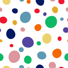 Seamless vector pattern with colorful dots on a light background. Bright abstract design in red, yellow, green, blue, and purple. Perfect for textiles, gift wrapping, kids' products, and festive decor
