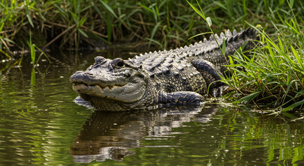 Fototapeta premium American alligator chilling in swamp water amidst dense shoreline vegetation