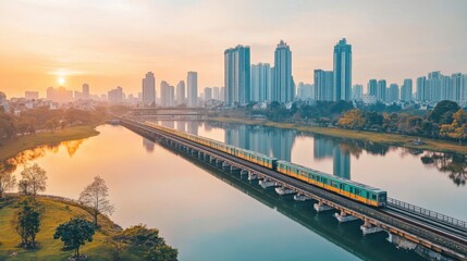 Naklejka premium Serene Train Crossing A Tranquil Lake at Sunrise