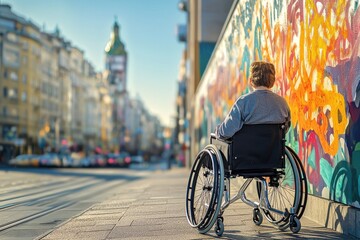 Obraz premium An individual in a wheelchair on a city street, observing the vibrant graffiti art, highlighting urban accessibility and the beauty of inclusive cityscapes.