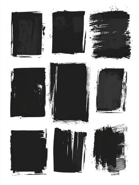 Black vector rough edge rectangles create a collection of grunge square frames ideal for hand-drawn collage and distressed text box designs