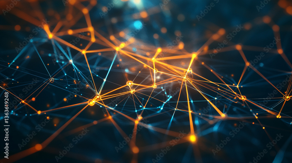 Poster a complex network of interconnected orange and blue lines and dots forming a futuristic design
