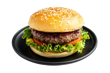 Juicy beef burger with lettuce and tomato on black plate, cut out