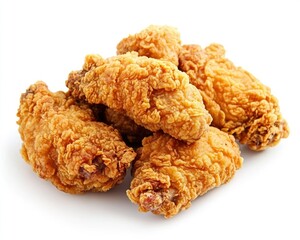 Pile of Golden Fried Chicken Wings on White Background Close Up