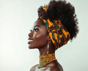 Elegant Woman with Headwrap and Jewelry Looking Upward in Studio
