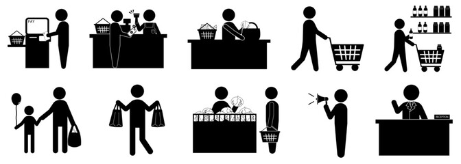 スーパーマーケットの買い物に関するピクトグラムセット