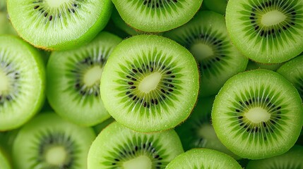 Fototapeta premium A stack of sliced kiwis on top of a mound of kiwis