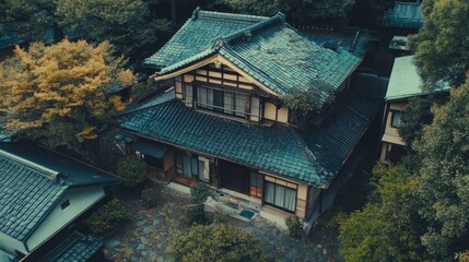Aerial view of a traditional Japanese house with aged tiled roof and lush foliage