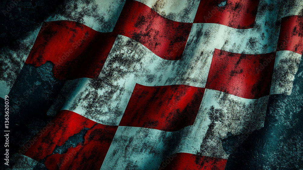 Aufkleber a textured red and white checkered flag with a distressed and weathered appearance in dark lighting