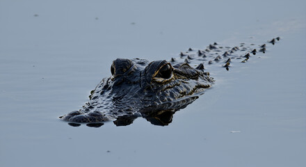 American Alligator lurking just beneath the water surface, close-up view