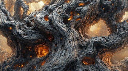 Close-up of an ancient tree trunk with deep, rugged bark, cracks, and moss, bathed in golden light