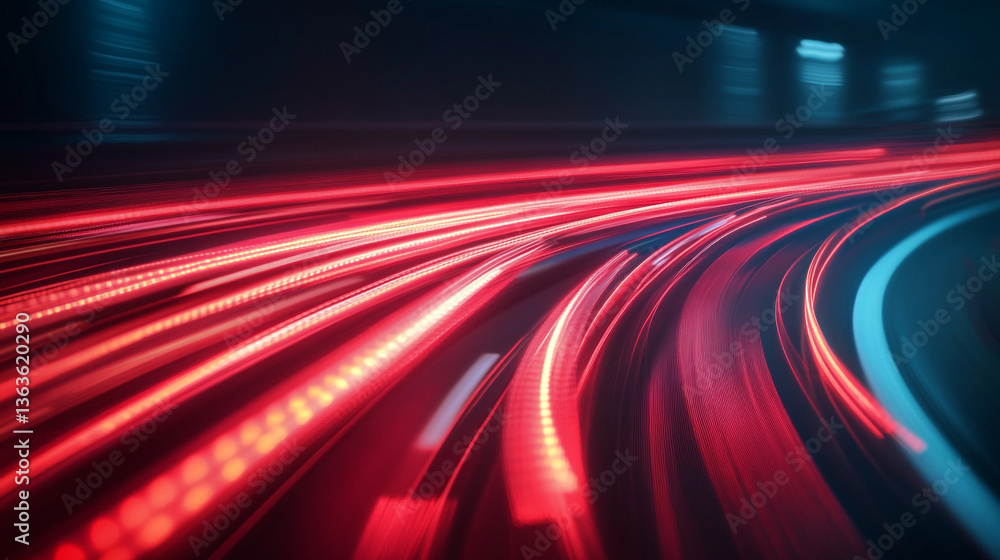 Poster abstract image of blurred red and blue light trails in a dark setting with a sense of speed and moti