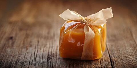 Caramel wrapped in ribbon, sweet caramel treat, wooden background, candy photo, wrapped caramel candy, rustic sweet display