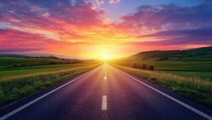 Naklejka premium Empty asphalt road extending into a vibrant sunset over rolling hills