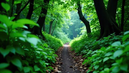 Fototapeta premium Overgrown foliage surrounds the pathway as it vanishes into emerald greenery, wilderness, overgrowth, woods