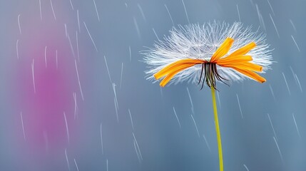   A dandelion in a blue sky, surrounded by raindrops, with a blurry background